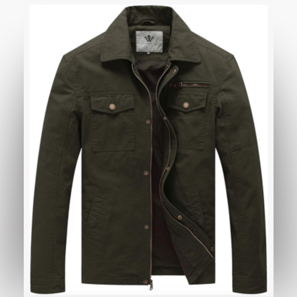 NWT WenVen Men's Casual Canvas Cotton Army Green Military Lapel Jacket 3XL